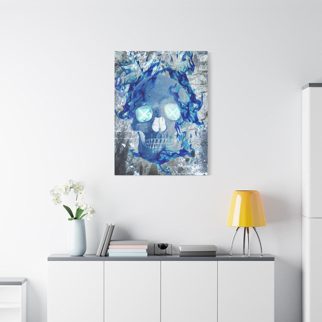 Blue Flame Skull Gothic Canvas Art - Edgy Fire Skeleton Decor
