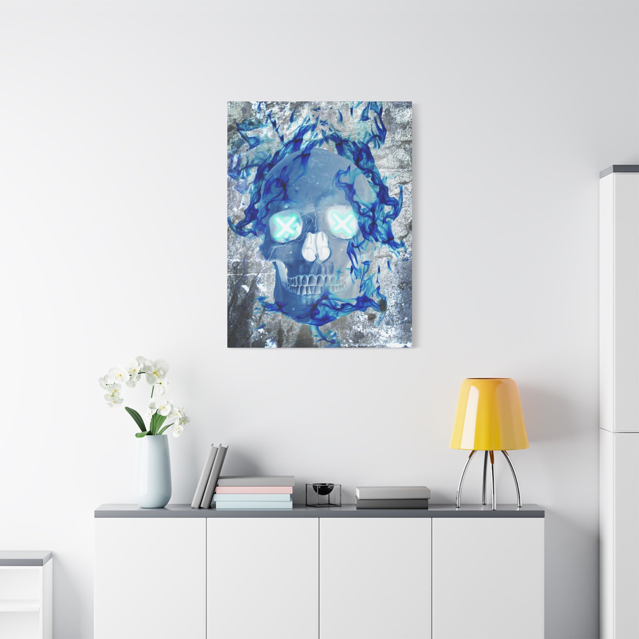 Blue Flame Skull Gothic Canvas Art - Edgy Fire Skeleton Decor