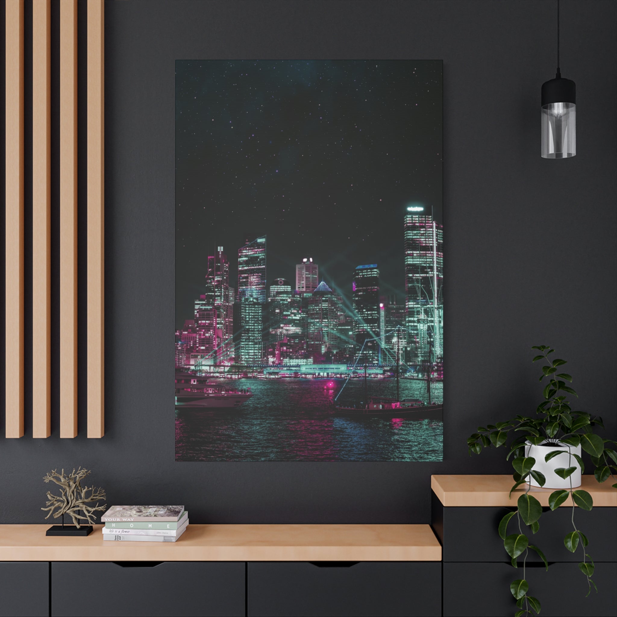 Cyberpunk Harbor Canvas Wall Art - Futuristic Sci-Fi City Decor