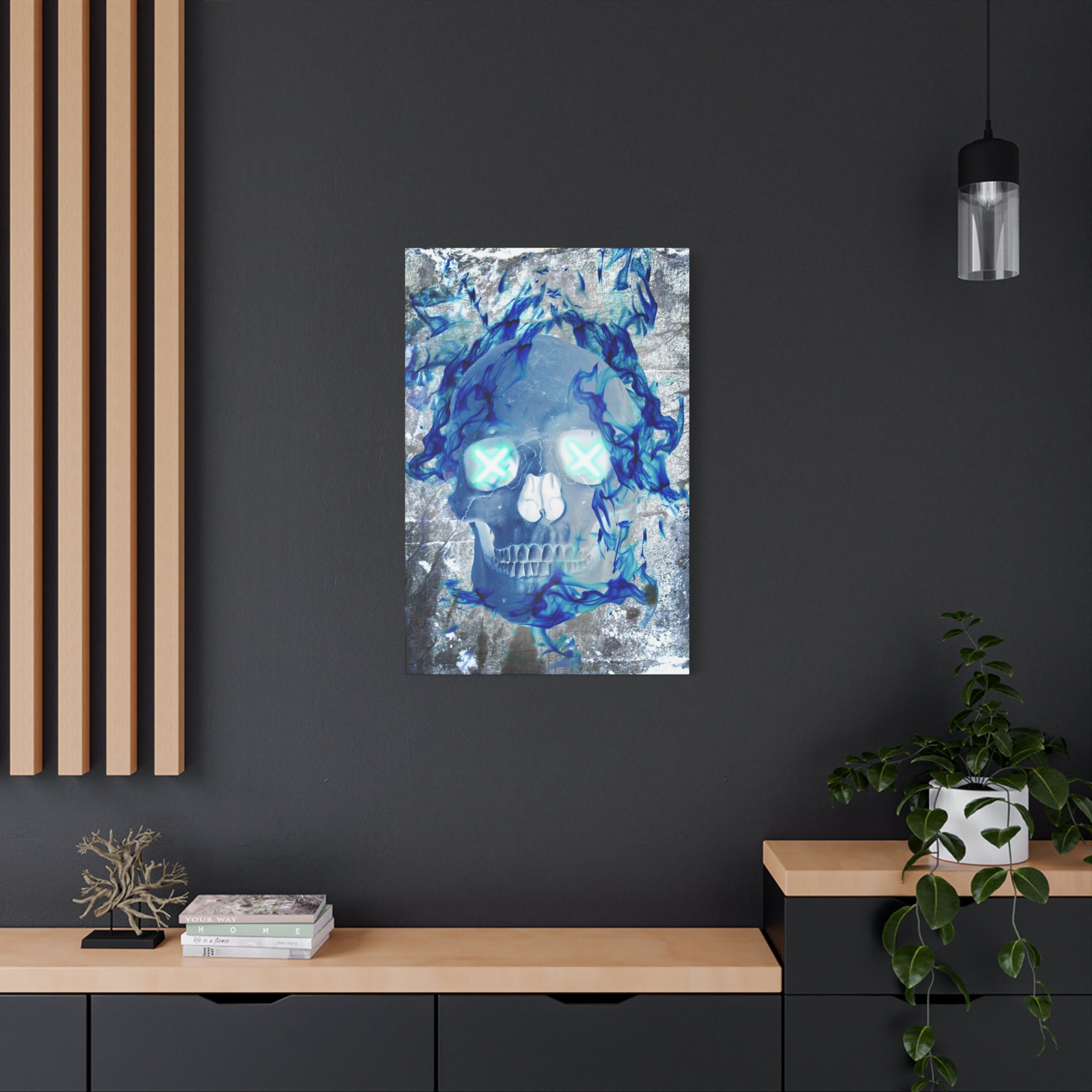 Blue Flame Skull Canvas Wall Art - Gothic Dark Fantasy Decor