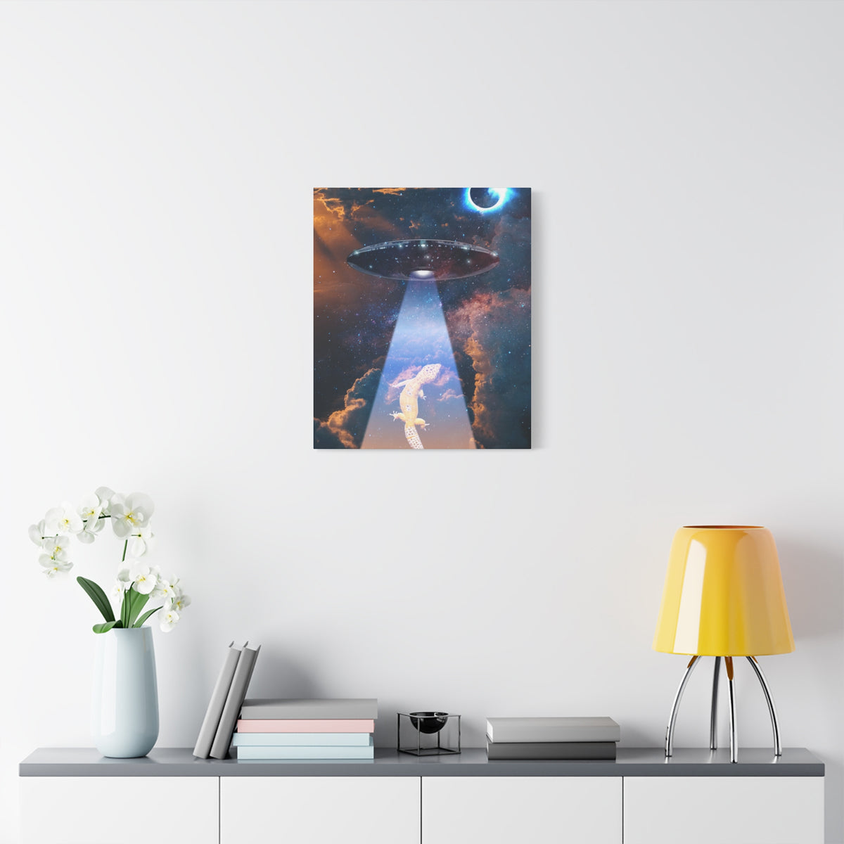Space Lizards Canvas Wall Art - Lizard Being Abducted Ufo Decor