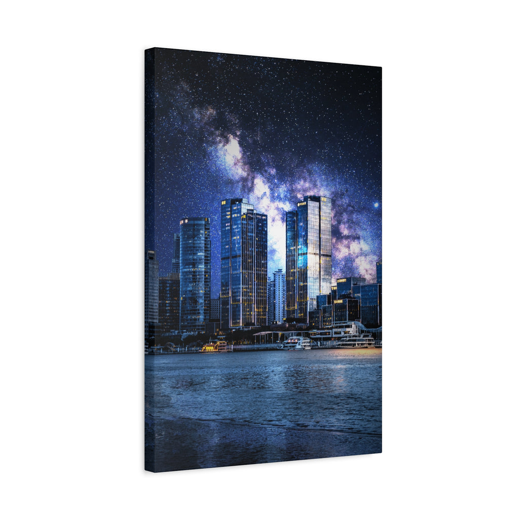 Space Cityscape on the Shore Canvas Wall Art - Neon Sci-Fi Coast Decor