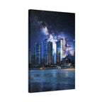 Space Cityscape on the Shore Canvas Wall Art - Neon Sci-Fi Coast Decor