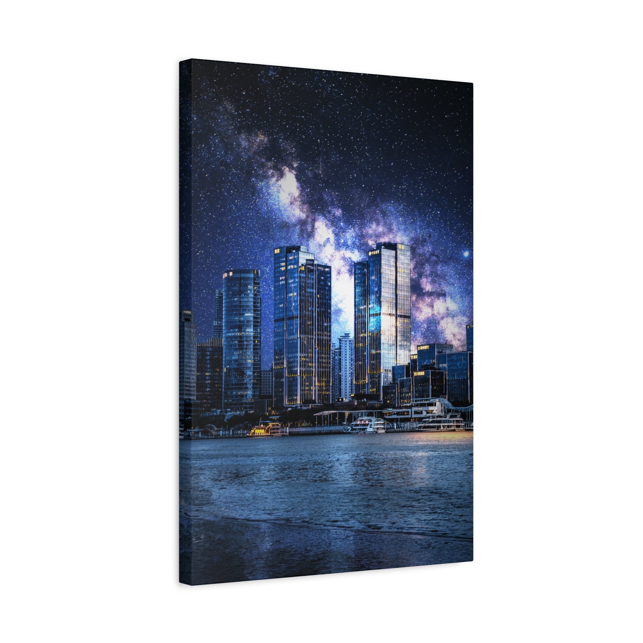 Space Cityscape on the Shore Canvas Wall Art - Neon Sci-Fi Coast Decor