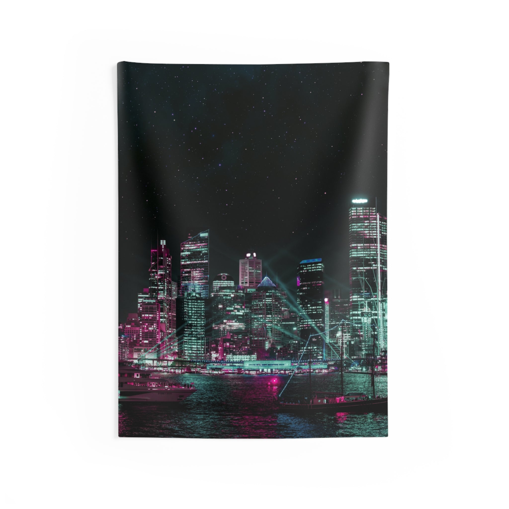 Cyberpunk Chicago Harbor Tapestry - Neon City Wall Hanging
