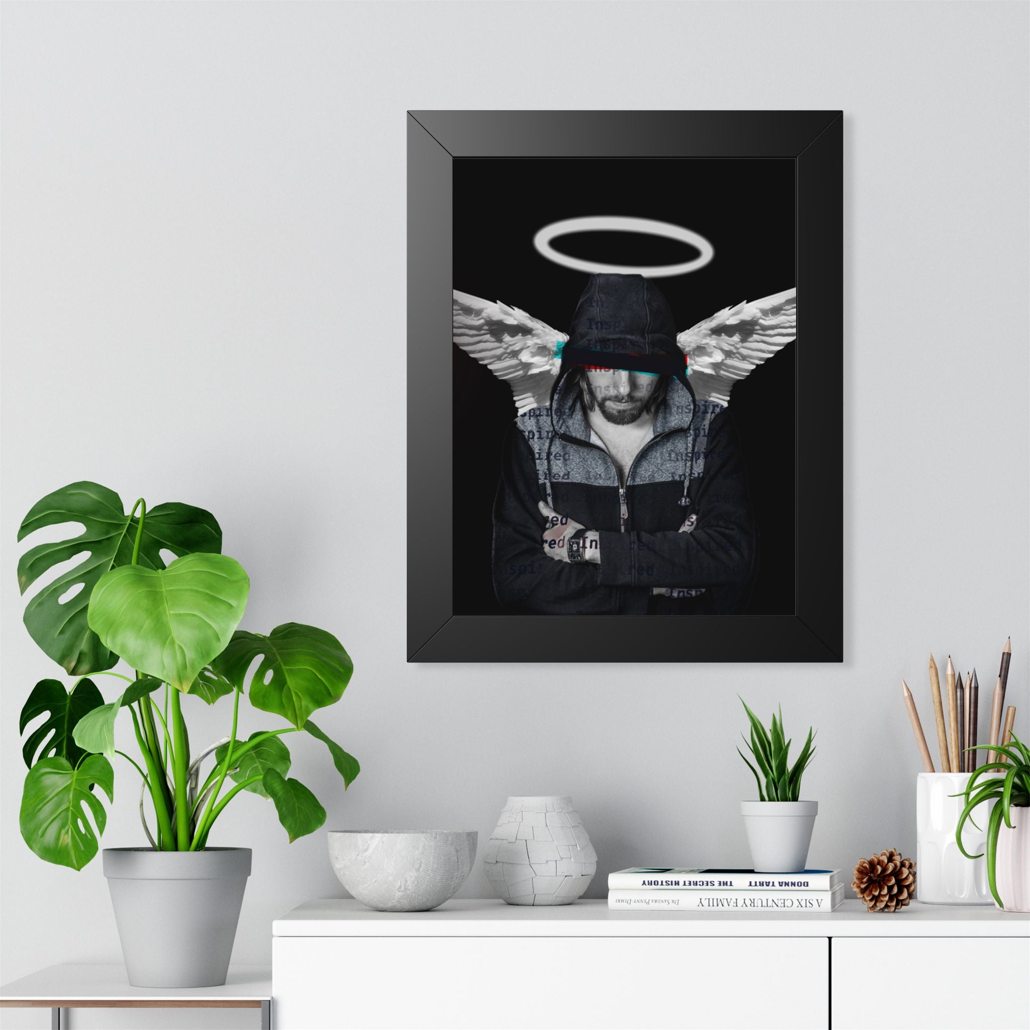 Modern Angel Framed Poster - Black & White Geometric Wings Wall Art