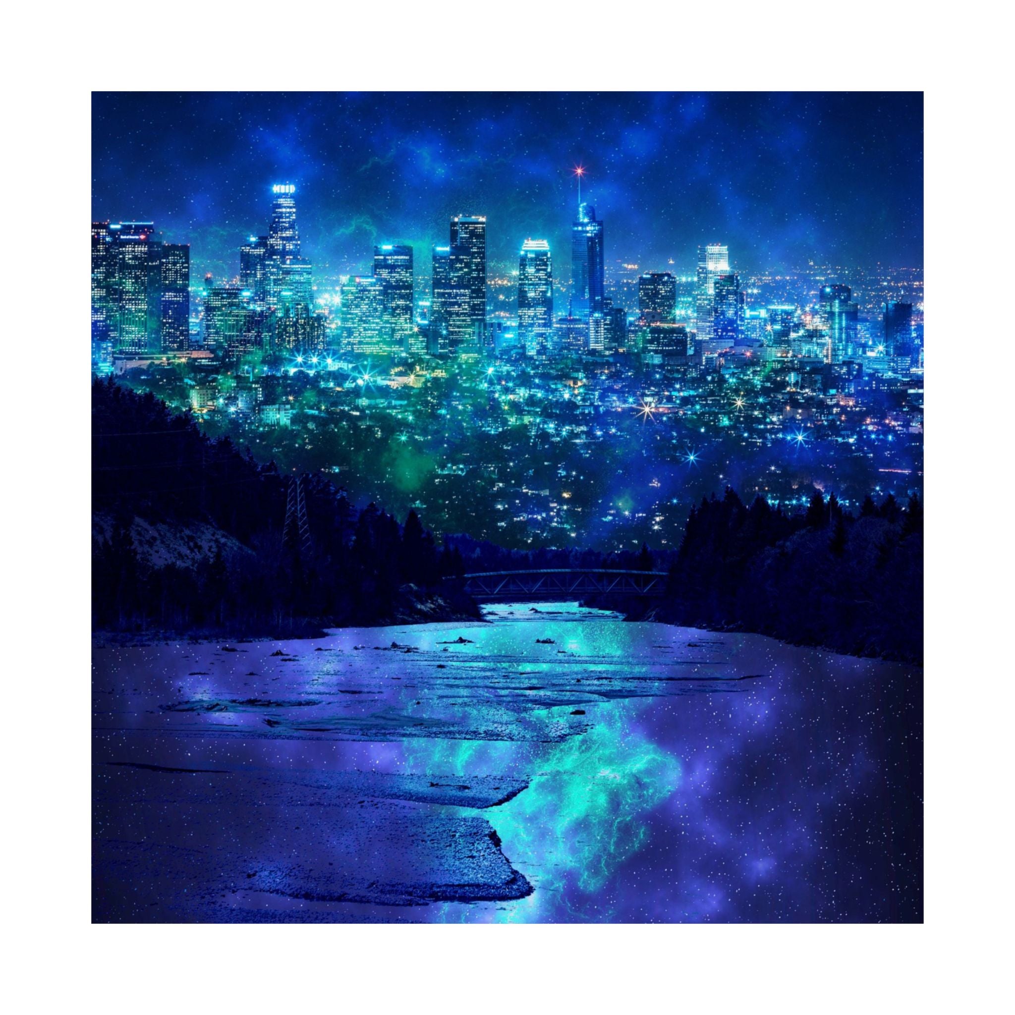 Cosmic Frosted City Skyline Poster Print - Galactic Cityscape