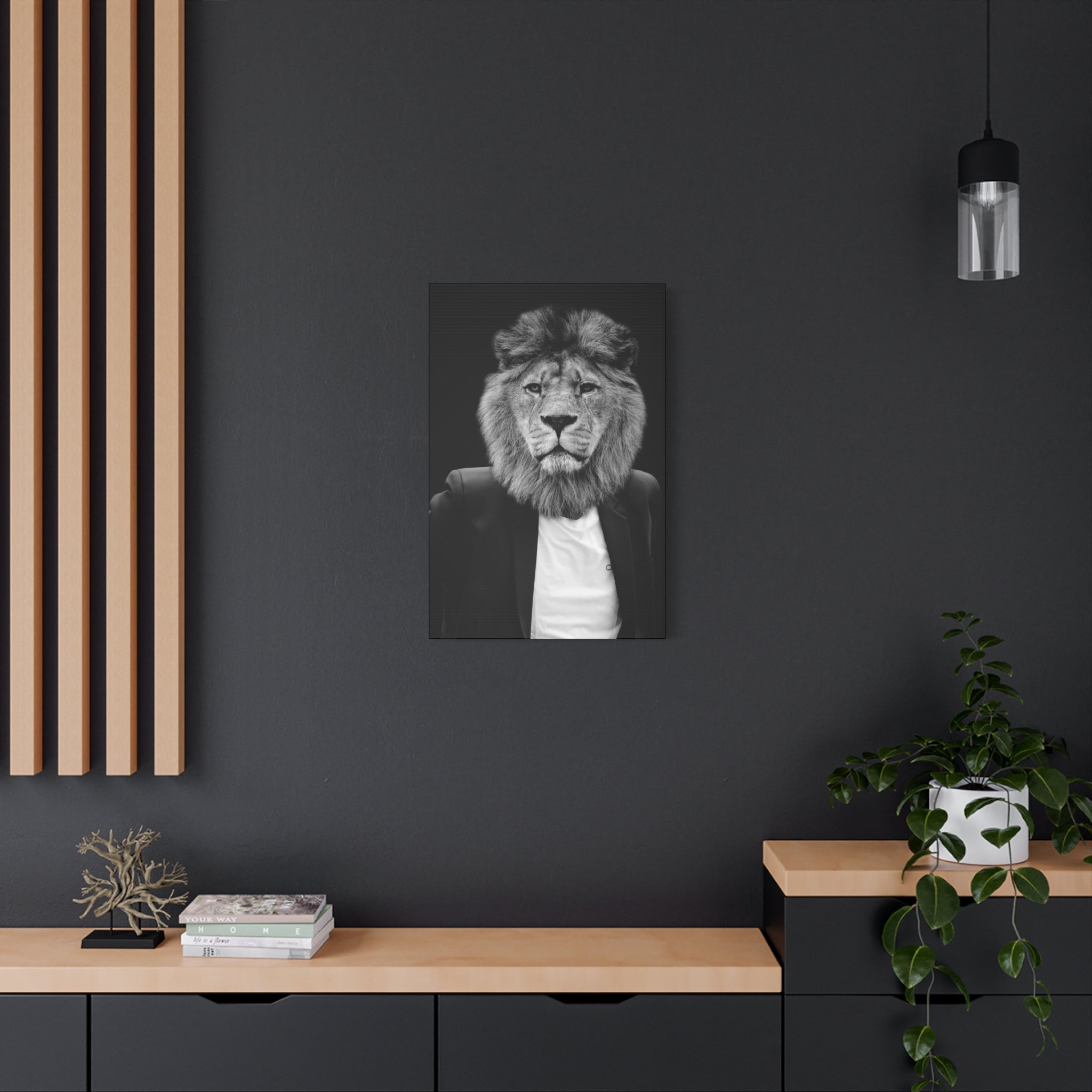 Lion in a Suit Canvas Wall Art - Modern Quirky Animal Portrait