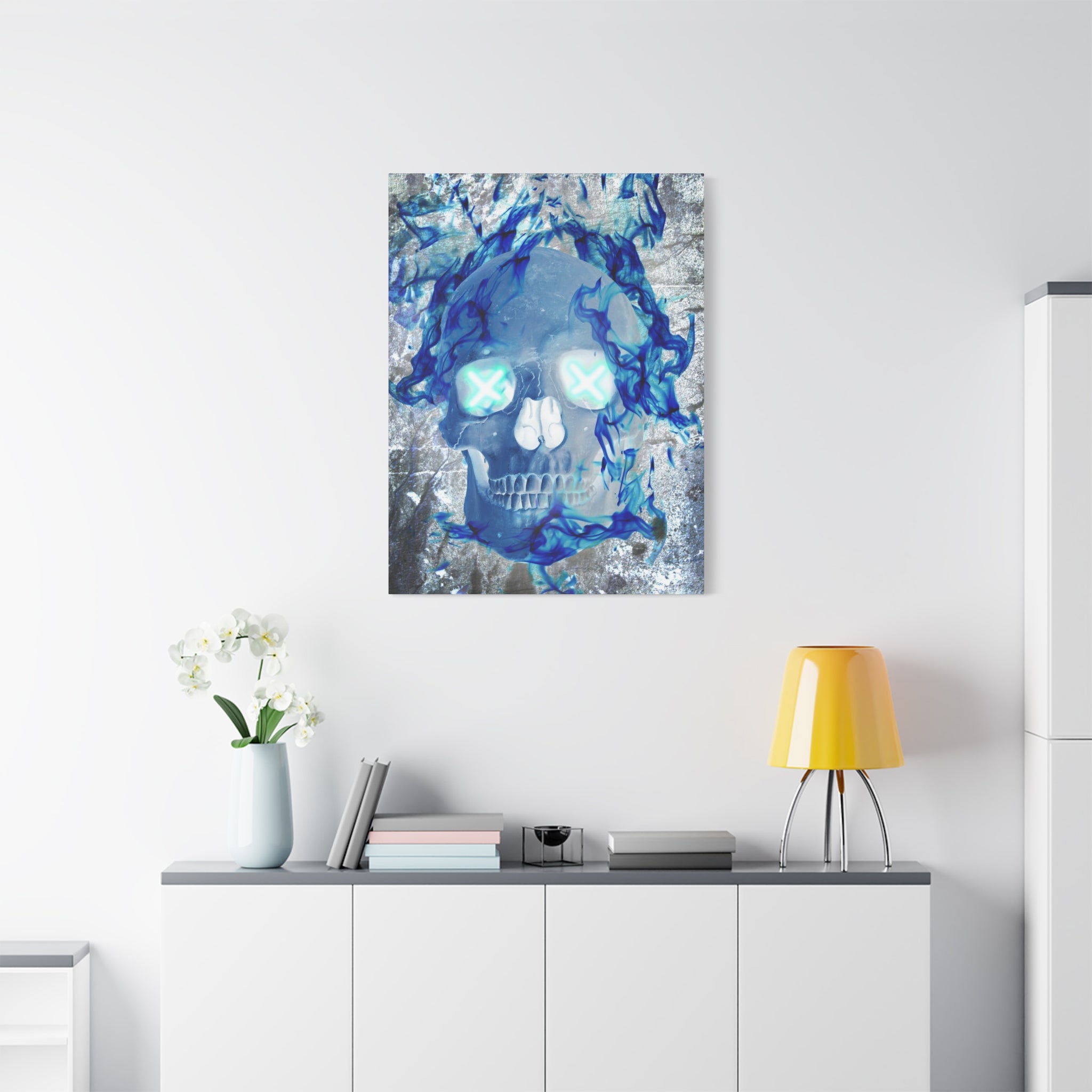 Blue Flame Skull Canvas Wall Art - Gothic Dark Fantasy Decor