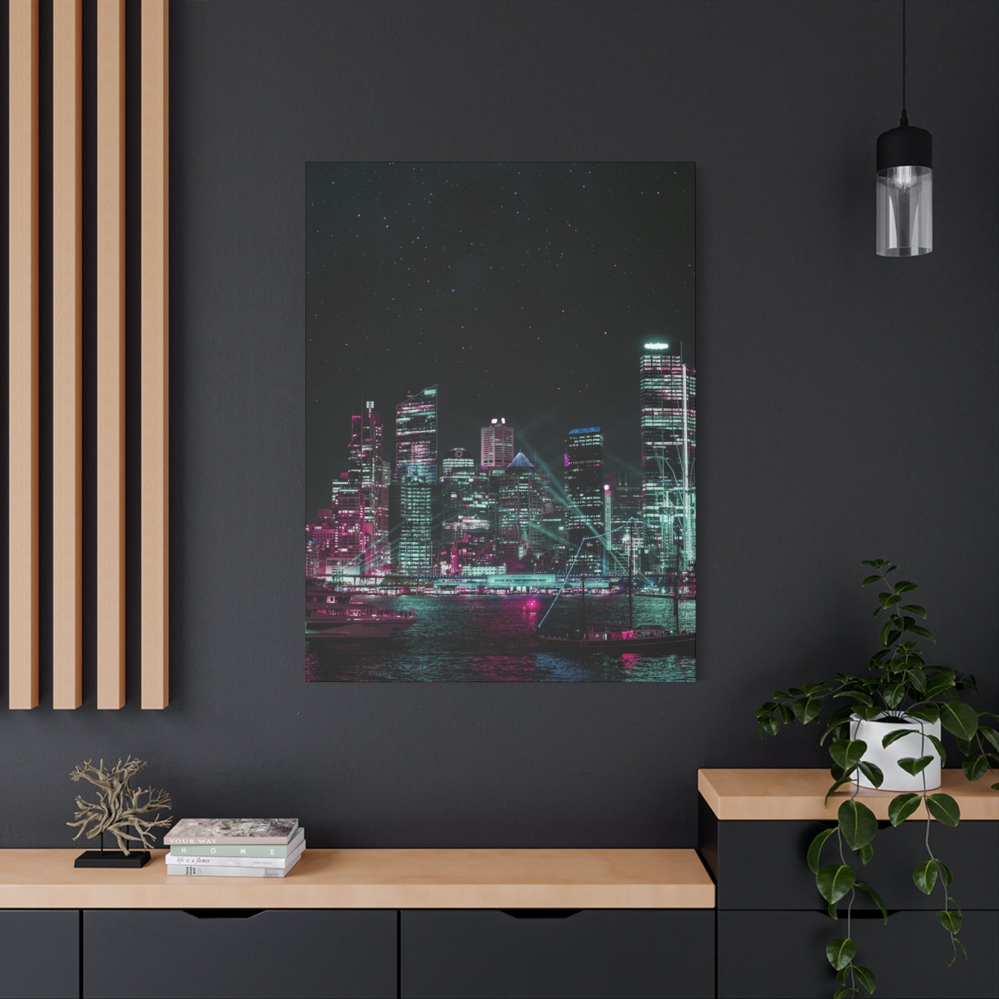 Cyberpunk Harbor Canvas Wall Art - Futuristic Sci-Fi City Decor