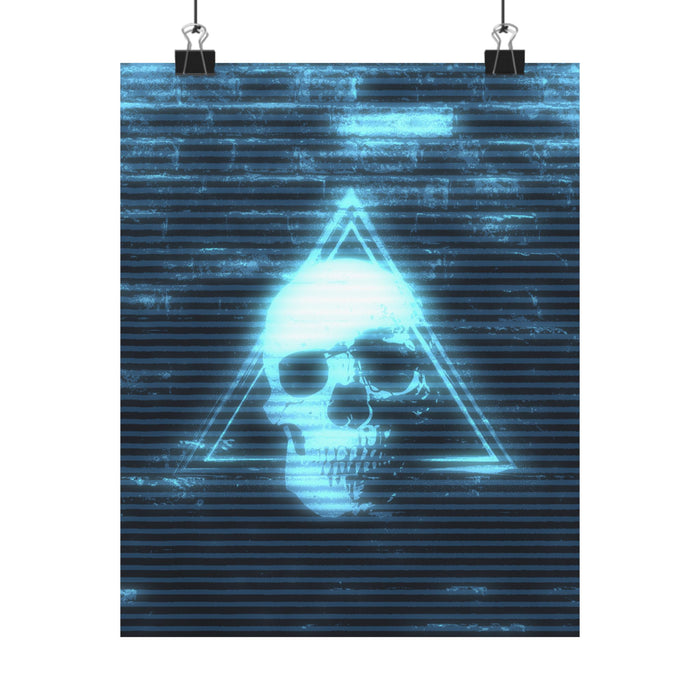 CRT Blue Skull Poster - Cyber-Noir Scanline Skull Art Print