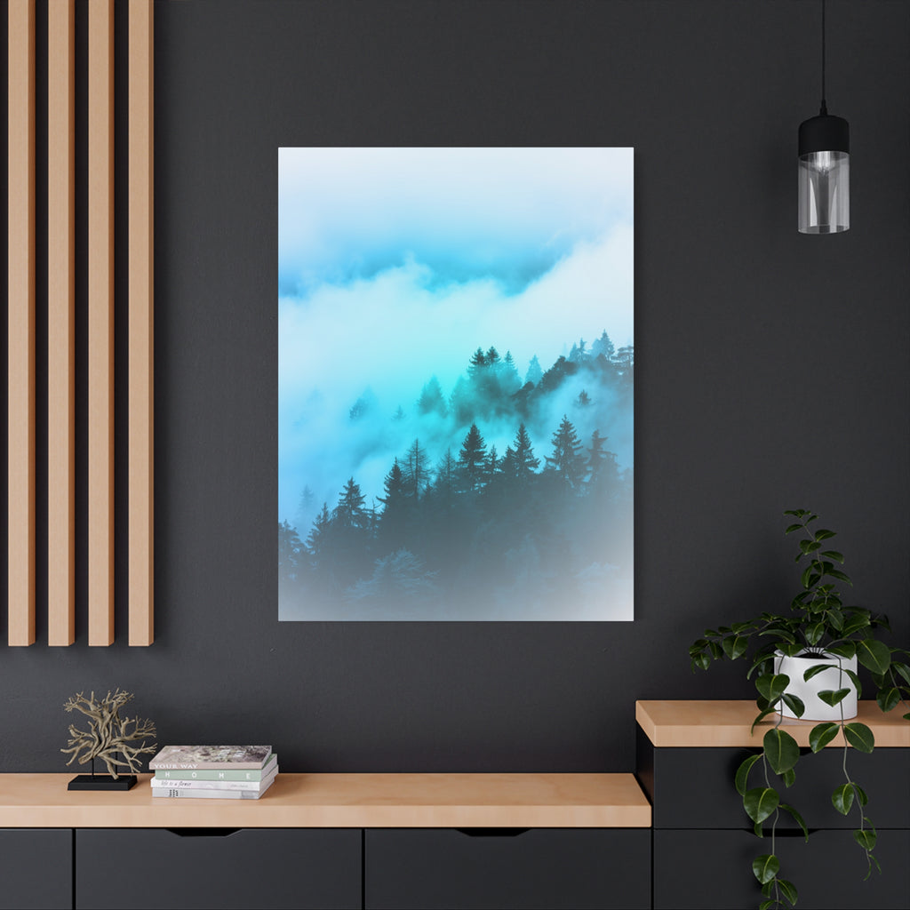 Blue Mountain Fog Canvas Wall Art - Misty Forest Nature Decor