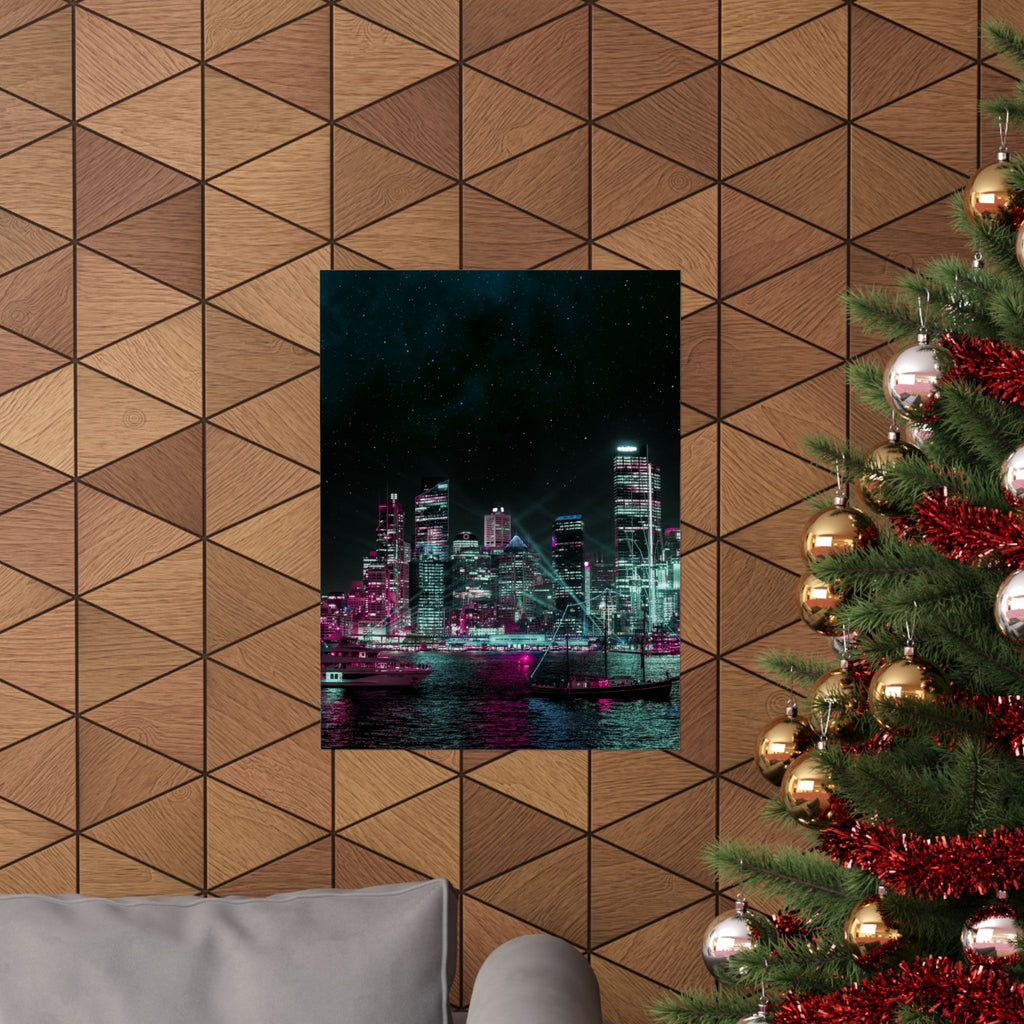 Cyberpunk Harbor Buildings Poster - Neon Cityscape Art Print