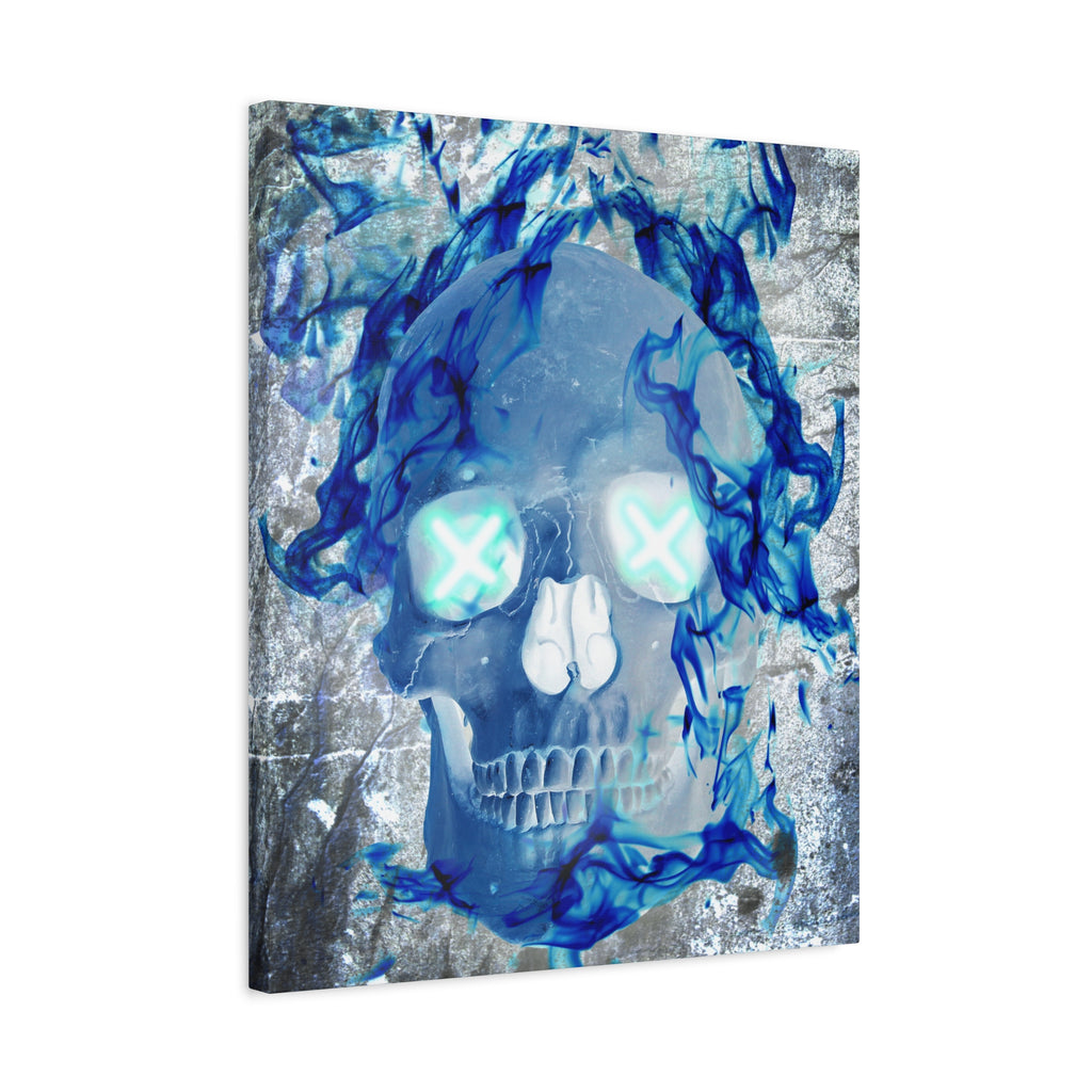 Blue Flame Skull Gothic Canvas Art - Edgy Fire Skeleton Decor