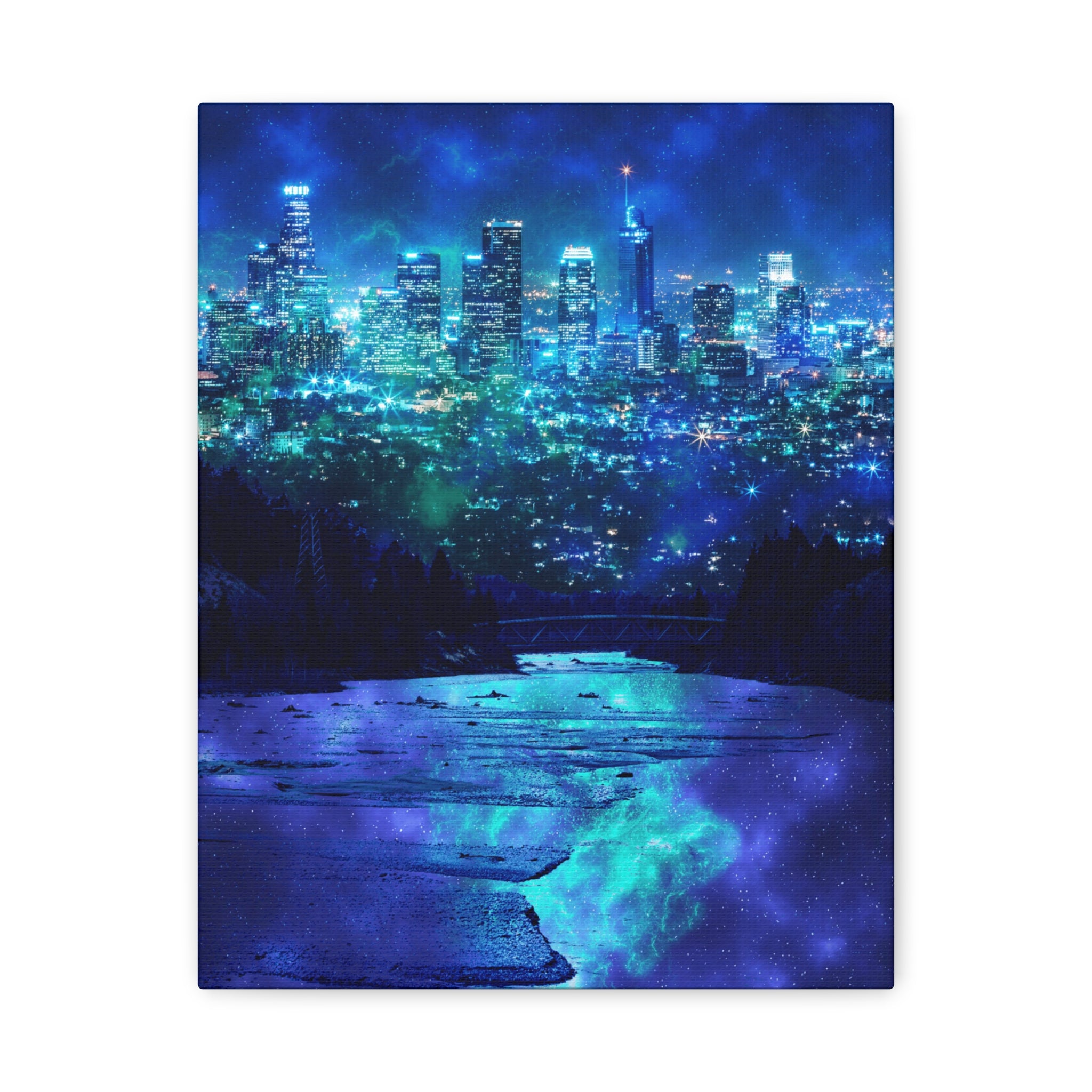 Cosmic Frosted City Canvas Art - Winter Metropolitan Nightscape