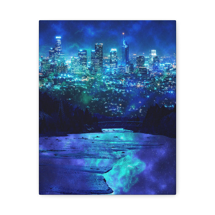 Cosmic Frosted City Canvas Art - Winter Metropolitan Nightscape