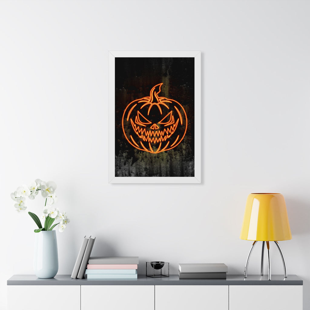 Neon Pumpkin Framed Poster - Spooky Halloween Wall Art