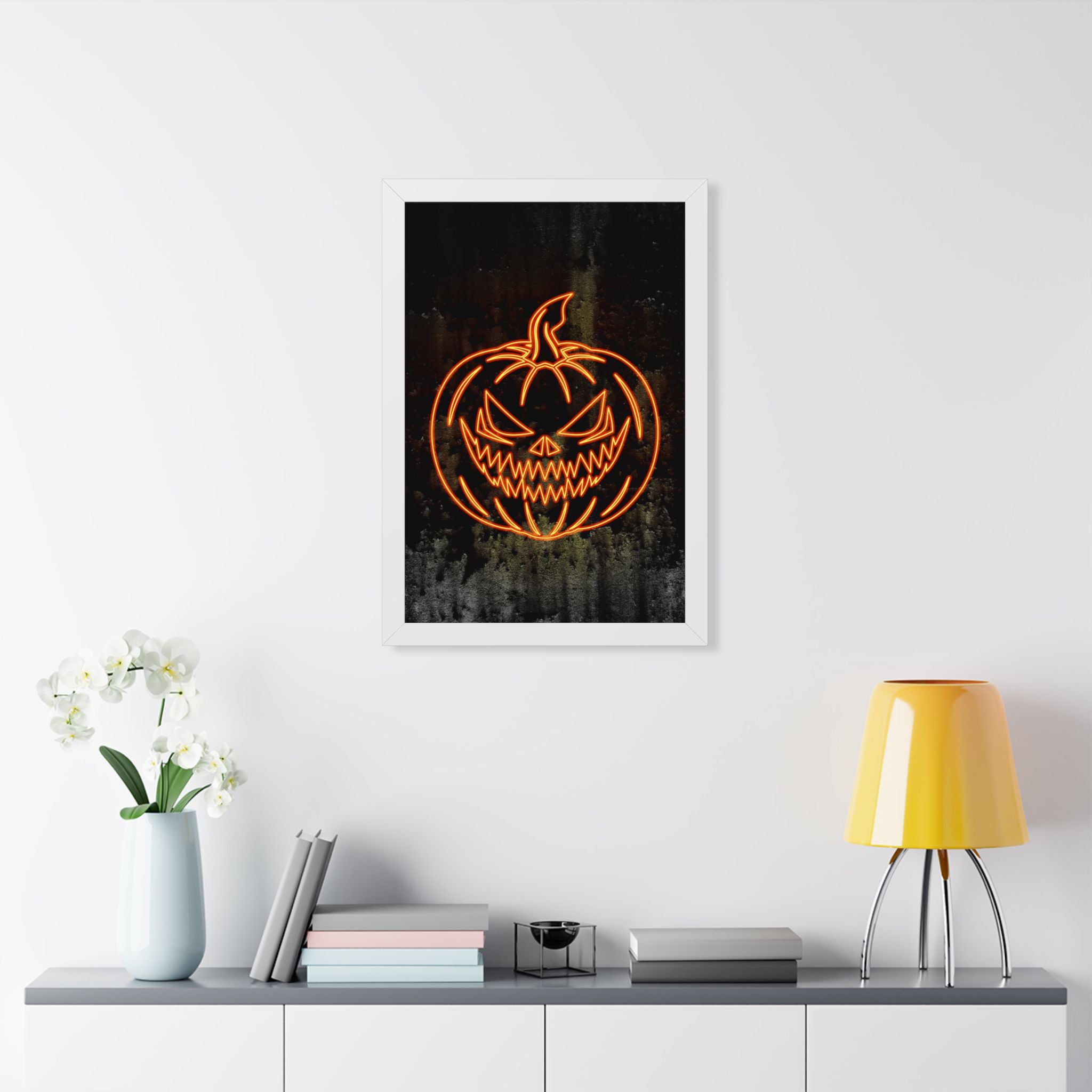 Neon Pumpkin Framed Poster - Spooky Halloween Wall Art