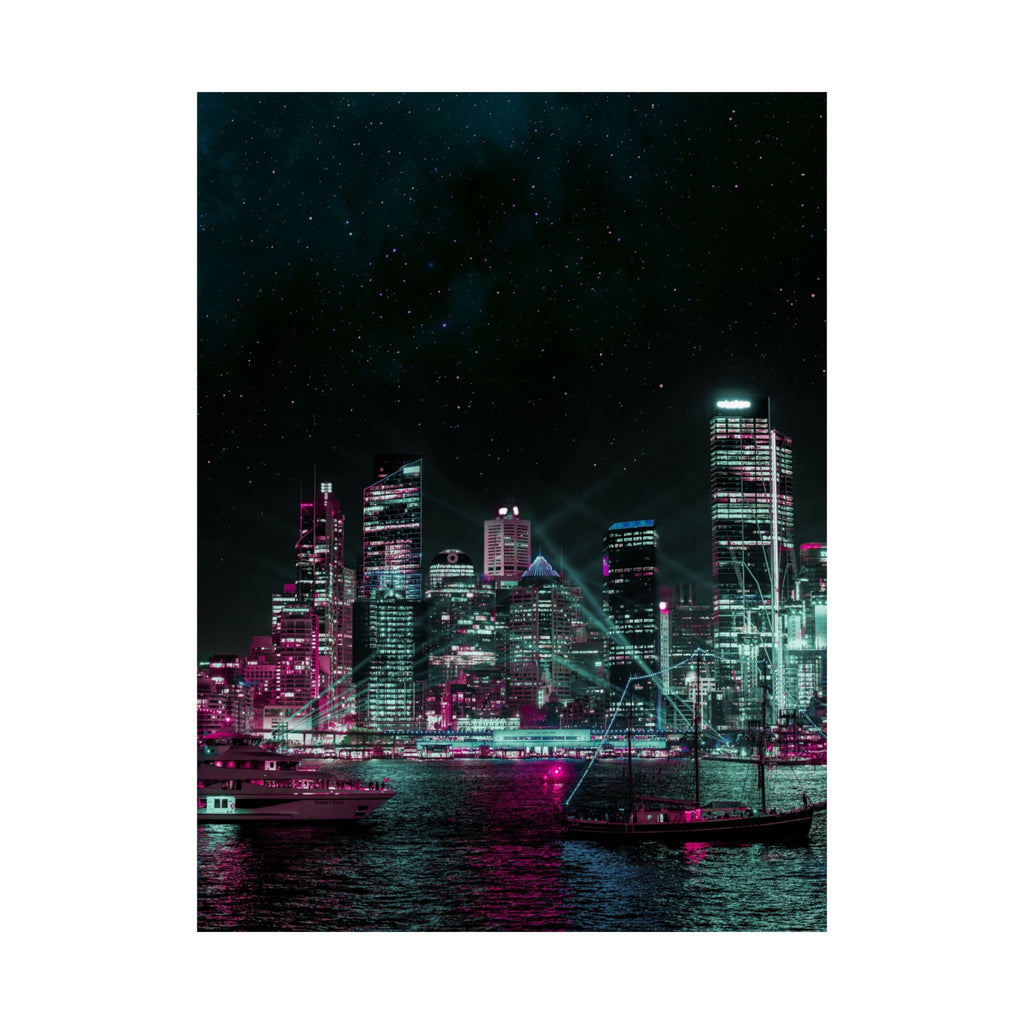 Cyberpunk Harbor Buildings Poster - Neon Cityscape Art Print
