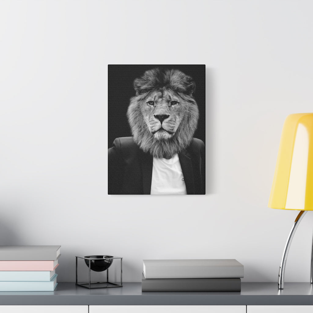 Lion in a Suit Canvas Wall Art - Modern Quirky Animal Portrait