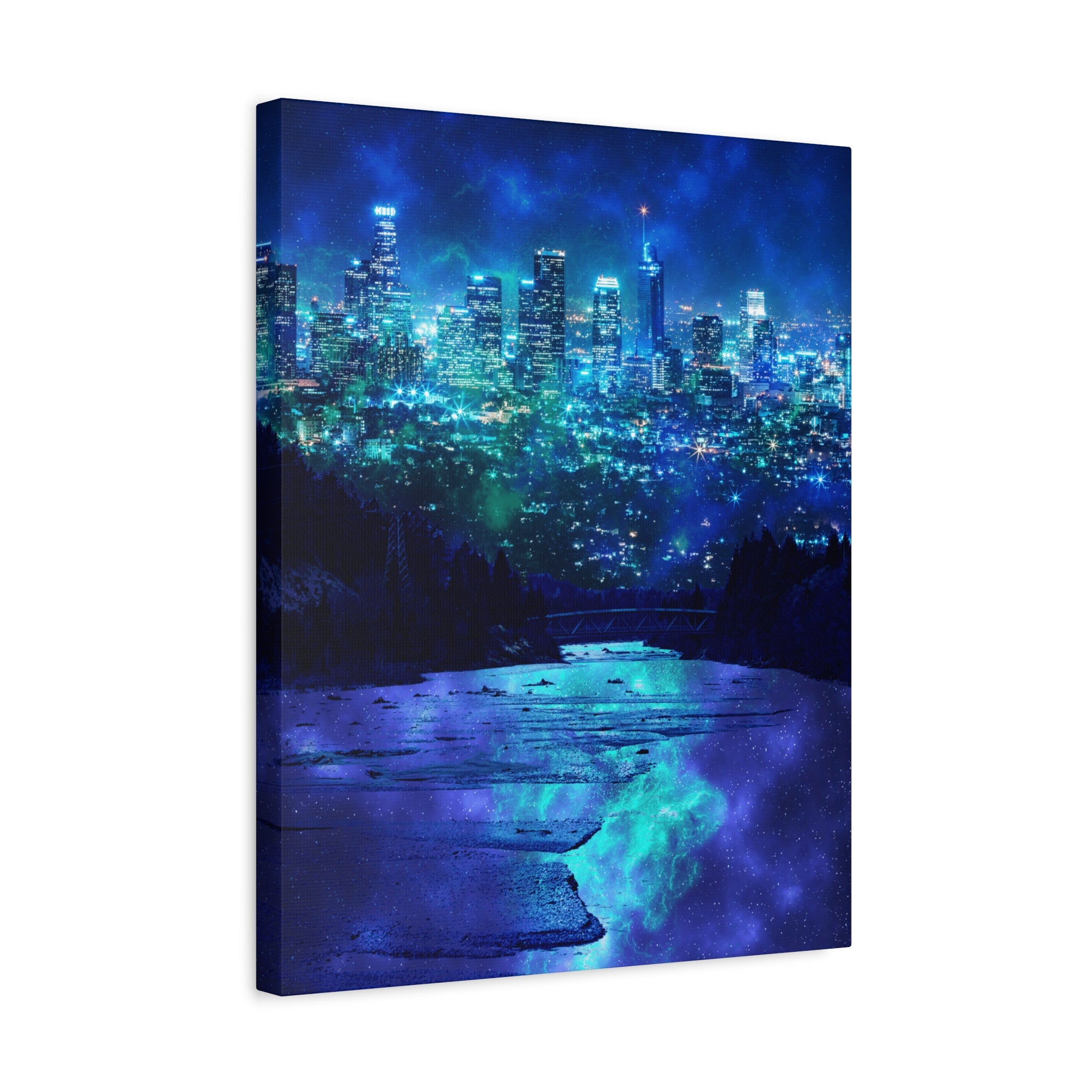 Cosmic Frosted City Canvas Art - Winter Metropolitan Nightscape