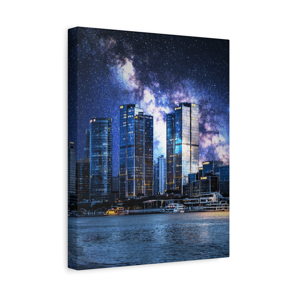 Space Cityscape on the Shore Canvas Wall Art - Neon Sci-Fi Coast Decor
