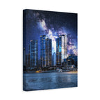 Space Cityscape on the Shore Canvas Wall Art - Neon Sci-Fi Coast Decor