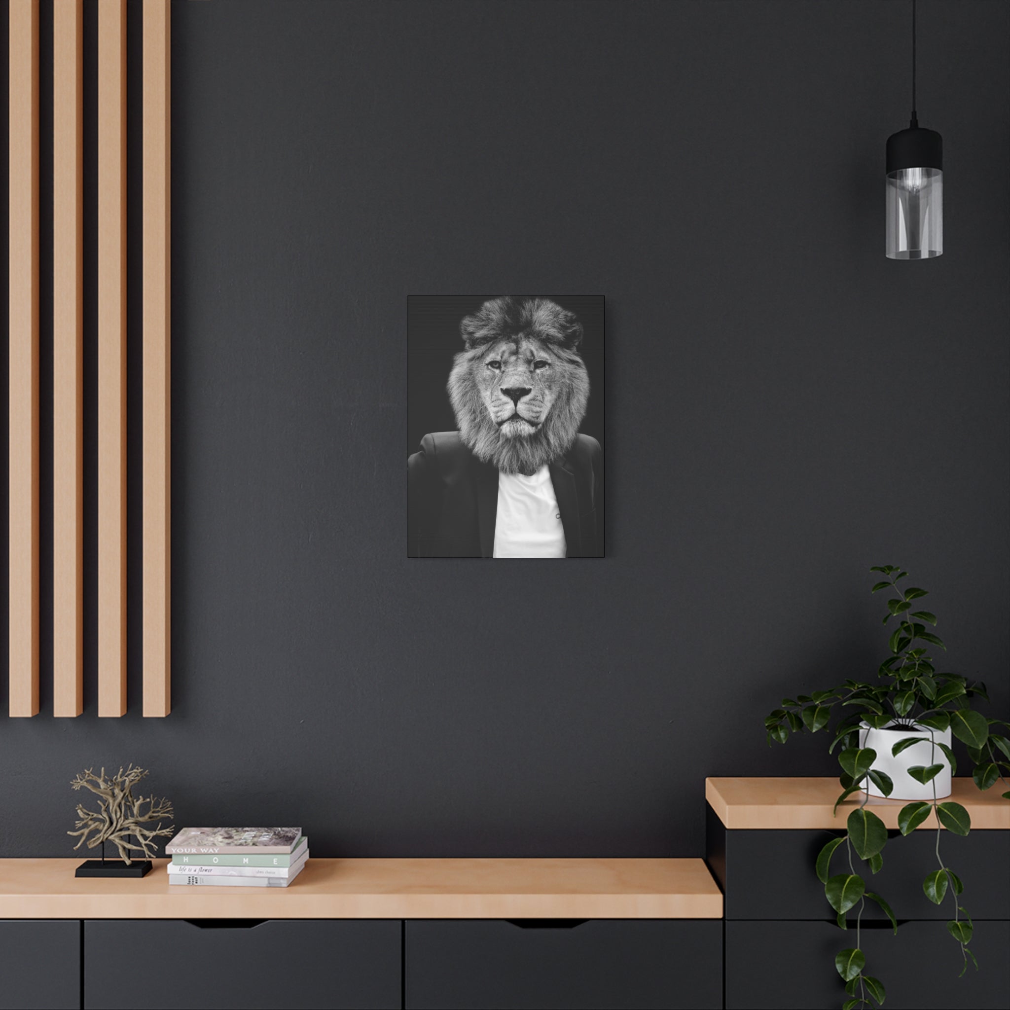 Lion in a Suit Canvas Wall Art - Modern Quirky Animal Portrait