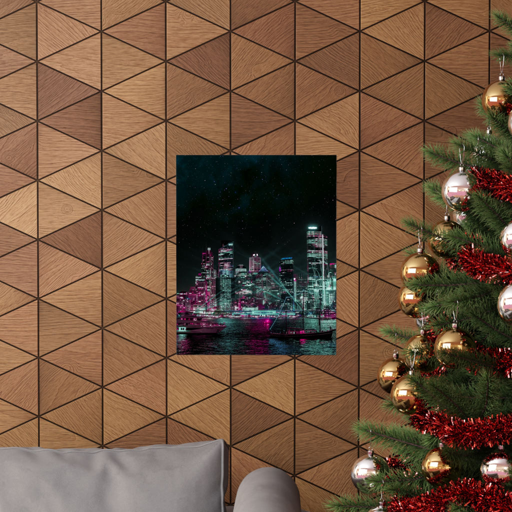 Cyberpunk Harbor Buildings Poster - Neon Cityscape Art Print