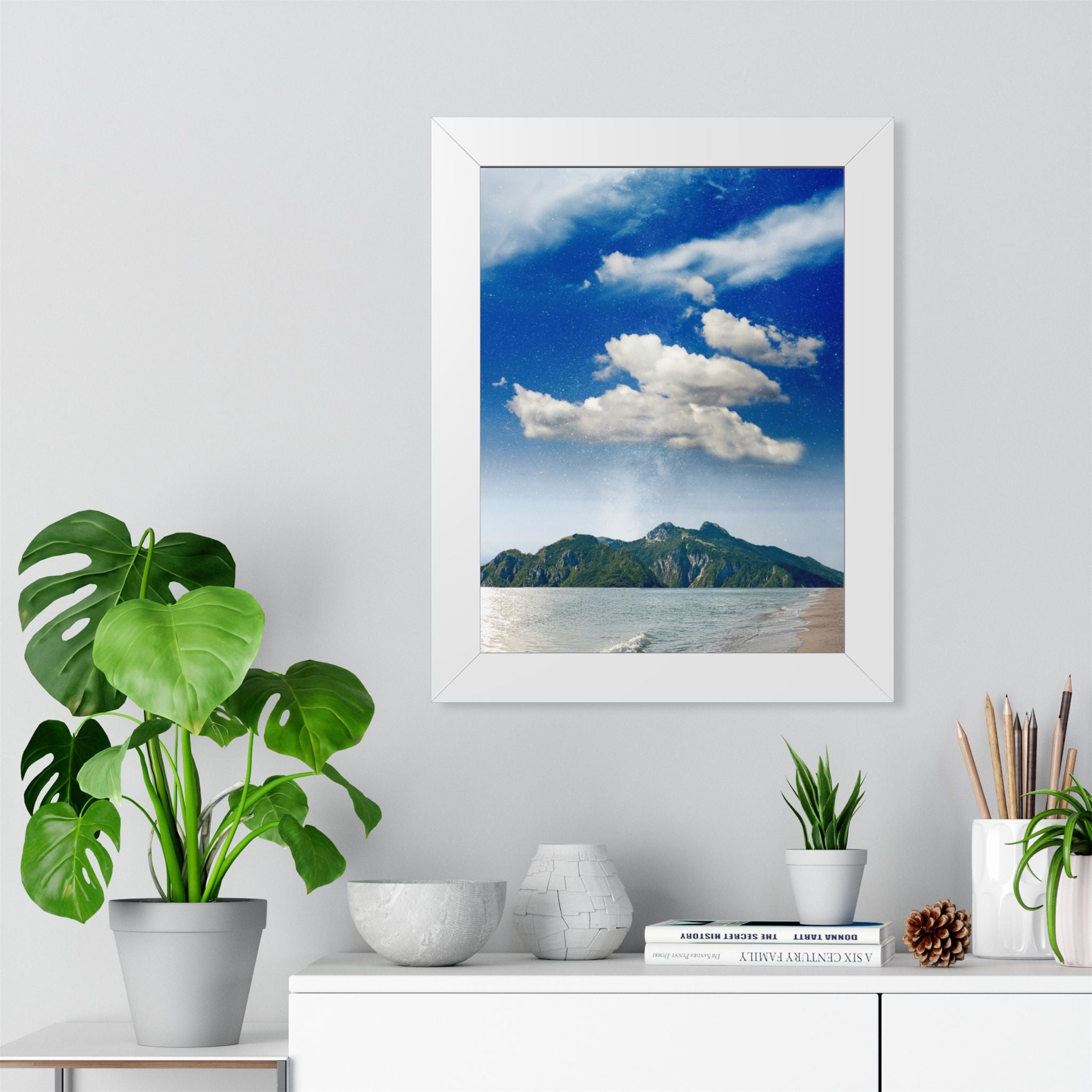 Star-Filled Shoreline Framed Vertical Poster - Stunning Ocean View Art for Home & Office Décor