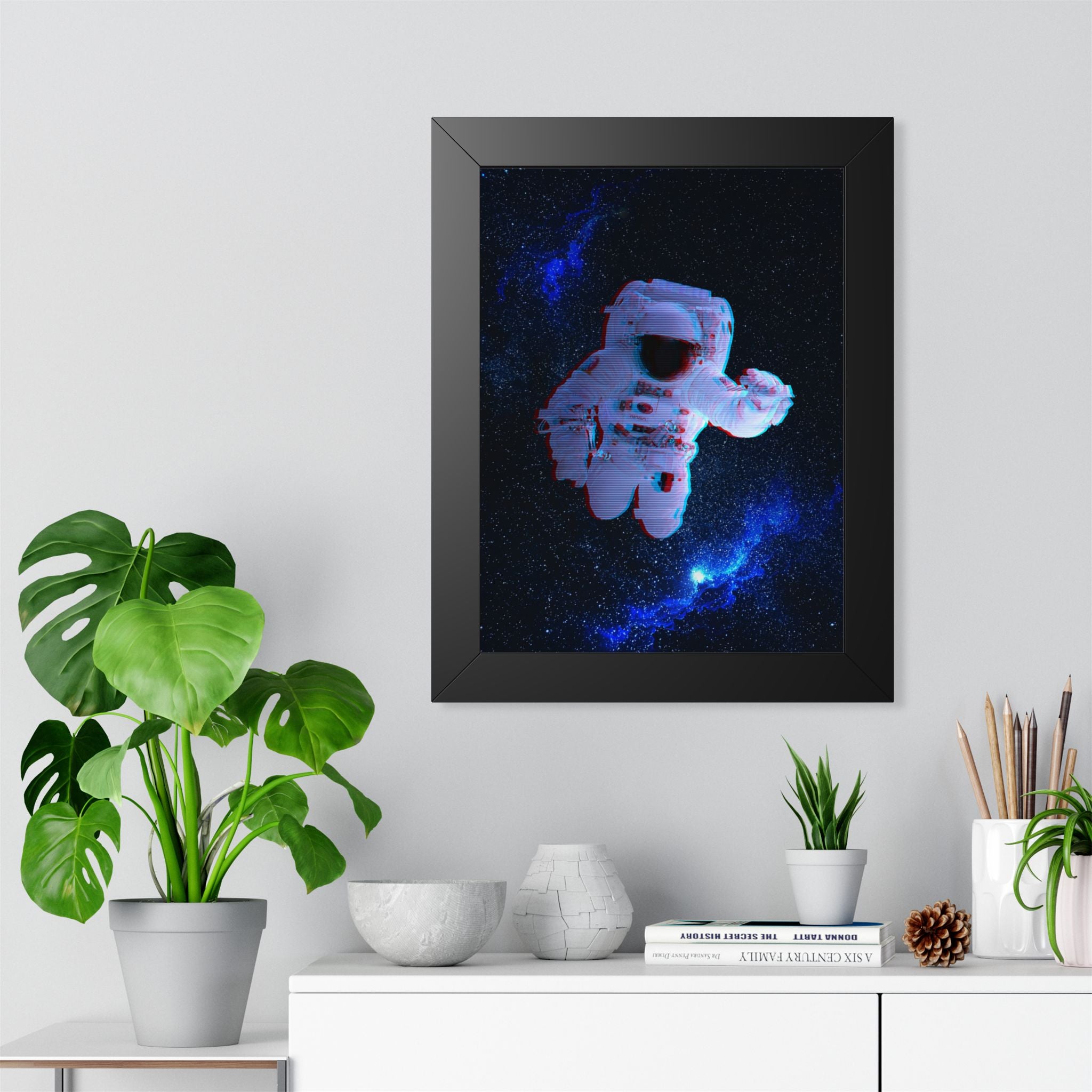 Scanline Spaceman Framed Poster - Retro CRT Astronaut Wall Art