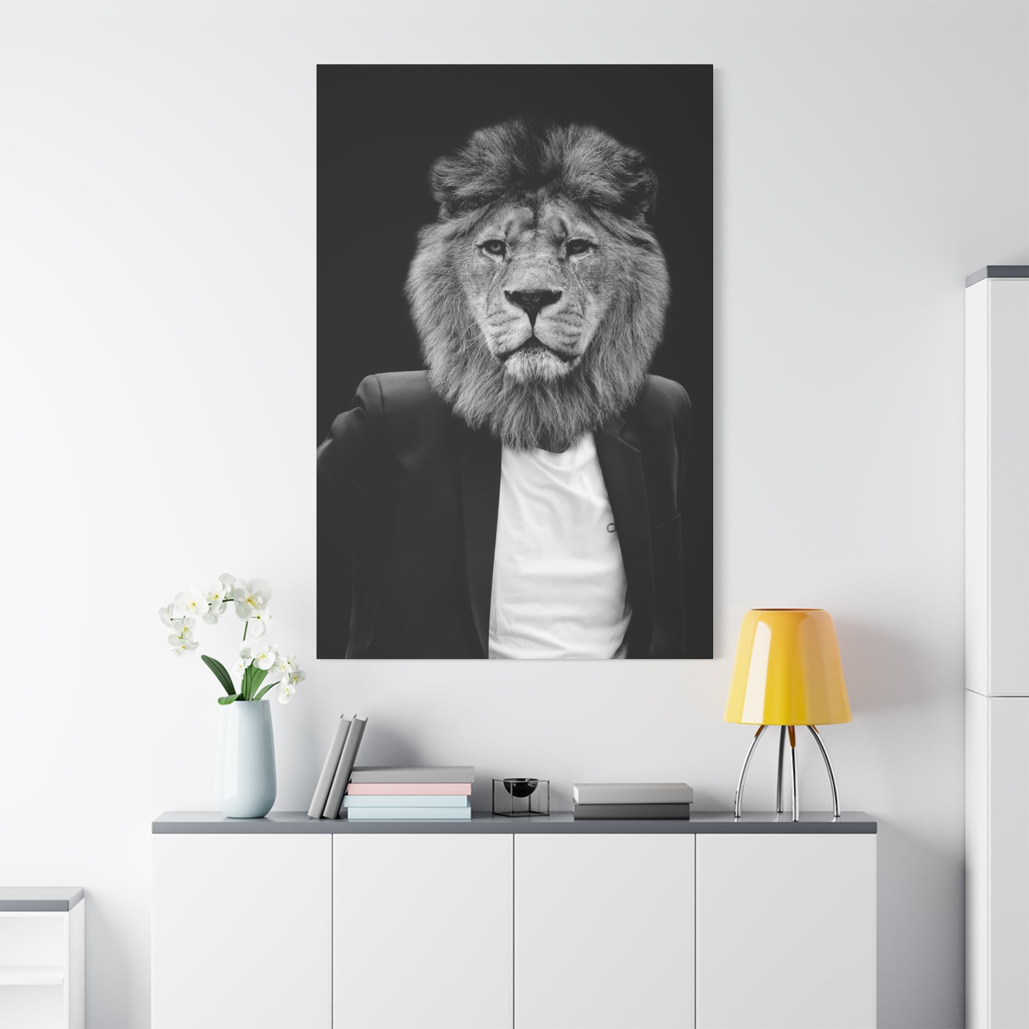 Lion in a Suit Canvas Wall Art - Modern Quirky Animal Portrait
