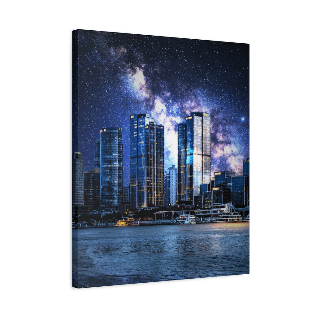 Space Cityscape on the Shore Canvas Wall Art - Neon Sci-Fi Coast Decor