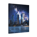 Space Cityscape on the Shore Canvas Wall Art - Neon Sci-Fi Coast Decor