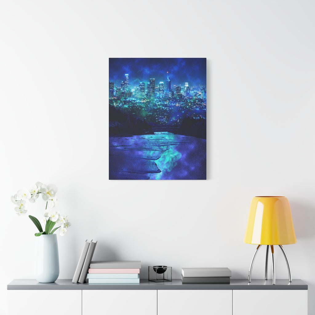Cosmic Frosted City Canvas Art - Winter Metropolitan Nightscape