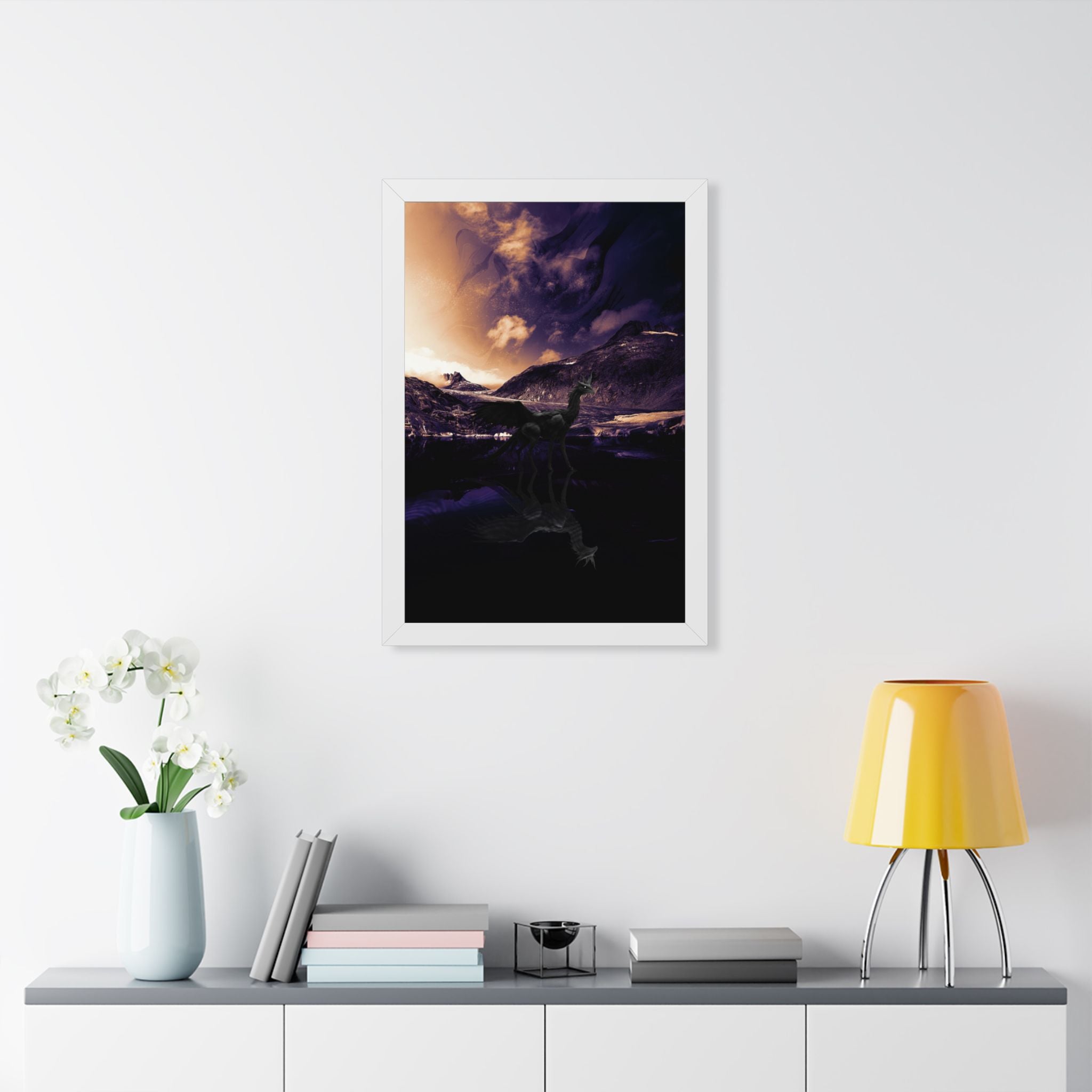 Baby Winged Dragon Poster - Mystic Mountain Lake Fantasy Art