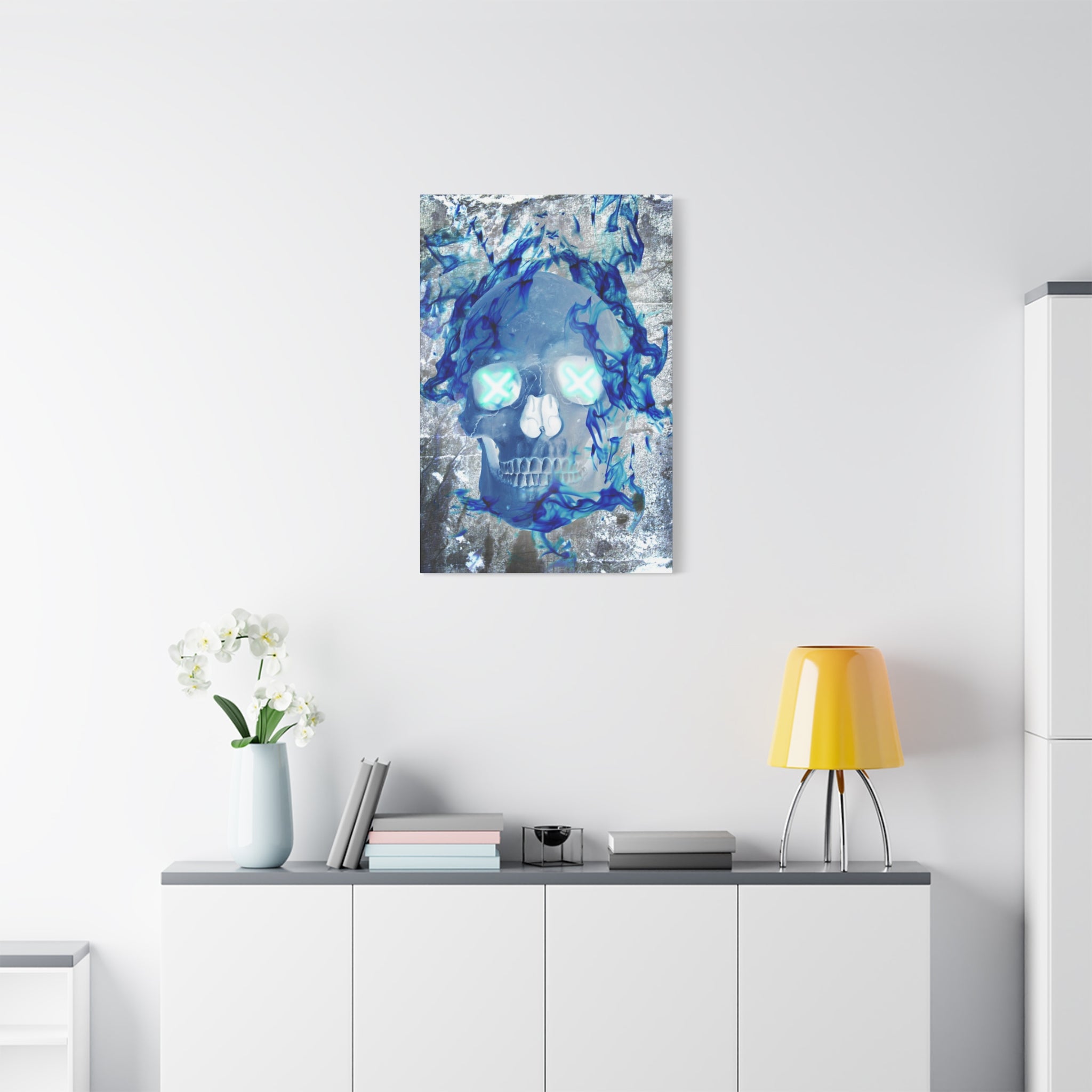 Blue Flame Skull Canvas Wall Art - Gothic Dark Fantasy Decor