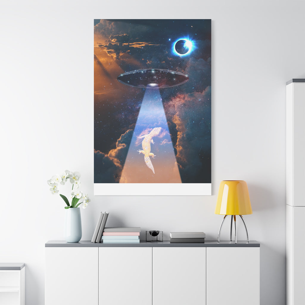 Space Lizards Canvas Wall Art - Lizard Being Abducted Ufo Decor