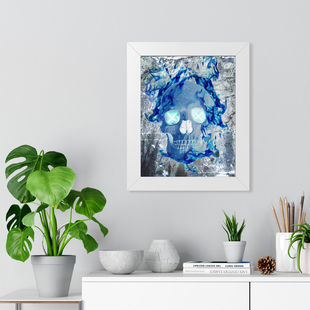 Blue Flame Skull Framed Poster - Gothic Fire Skull Wall Art