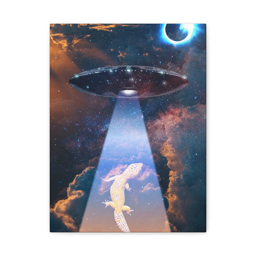 Space Lizards Canvas Wall Art - Lizard Being Abducted Ufo Decor