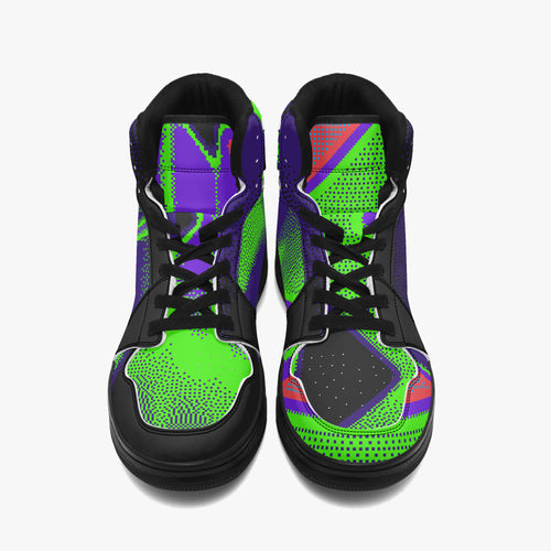 90s Paranoia High-Top Sneakers - Retro Purple & Green Glitch Art