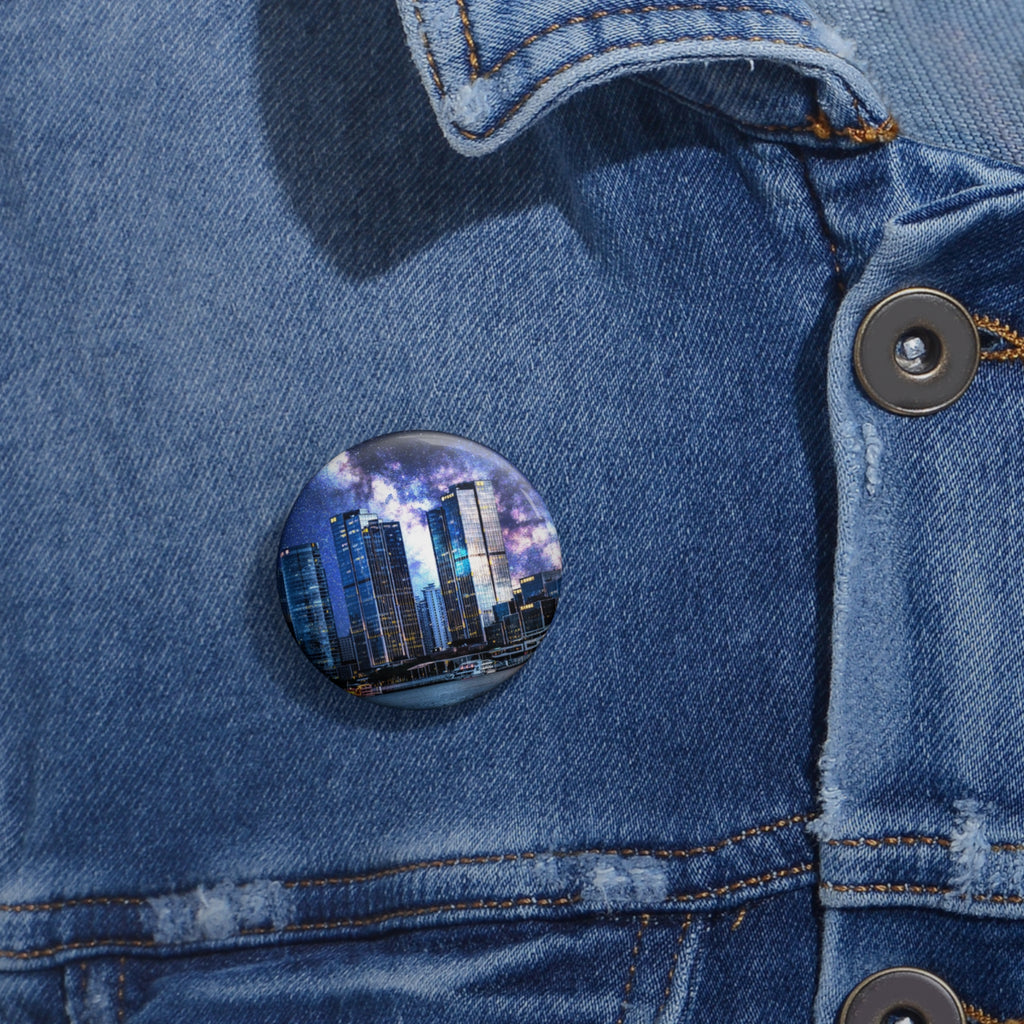 Space Cityscape on the Shore Pin - Neon Night Coast Art Button
