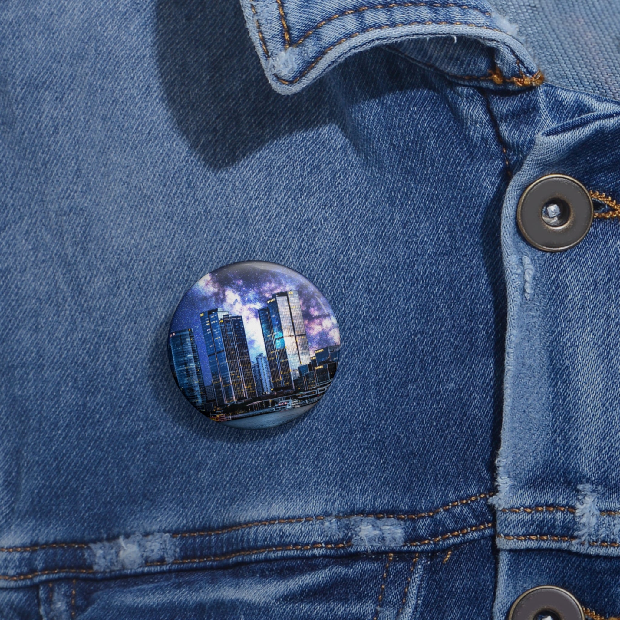 Space Cityscape on the Shore Pin - Neon Night Coast Art Button