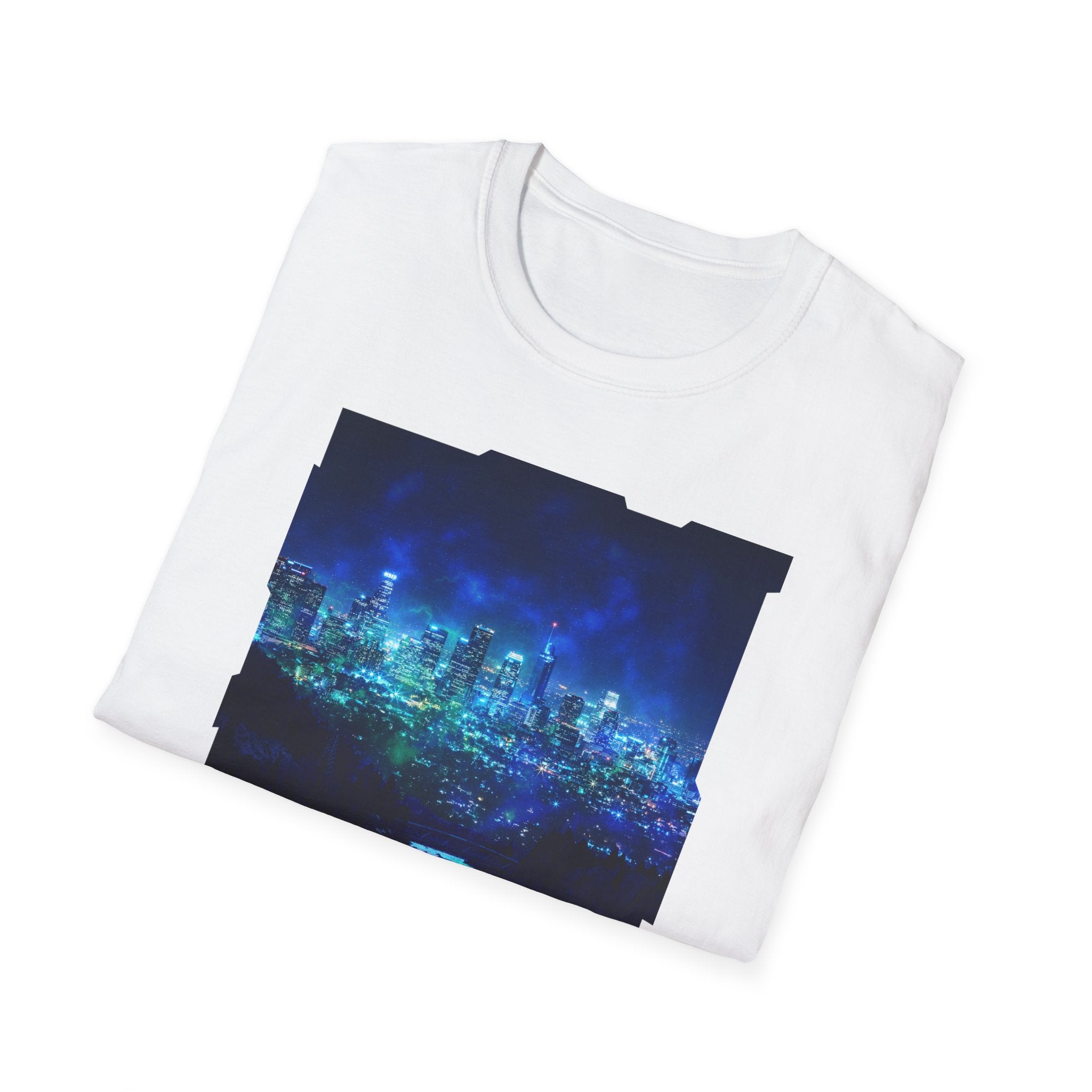 Cosmic Frosted City Skyline Graphic Tee - Night Cityscape Shirt