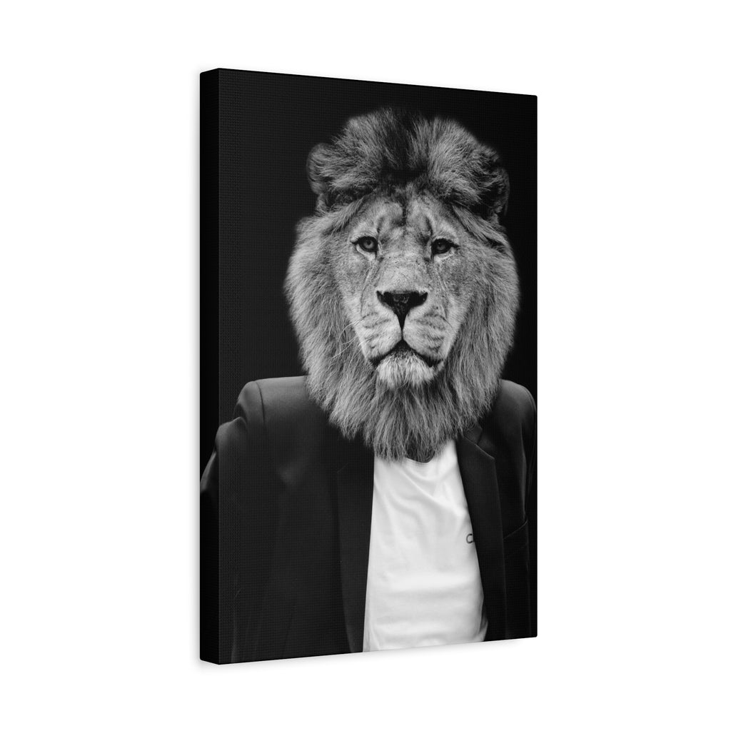 Lion in a Suit Canvas Wall Art - Modern Quirky Animal Portrait