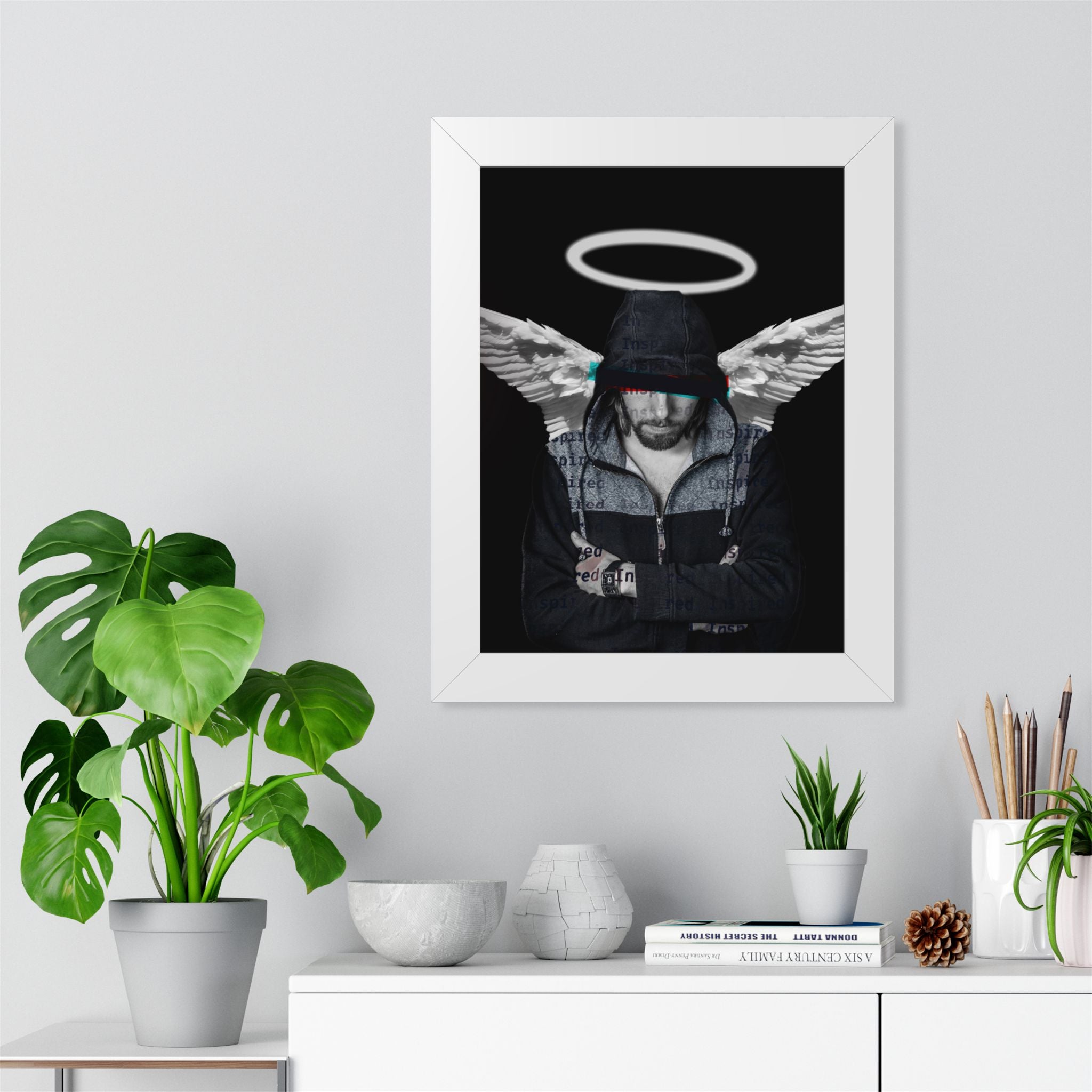 Modern Angel Framed Poster - Black & White Geometric Wings Wall Art