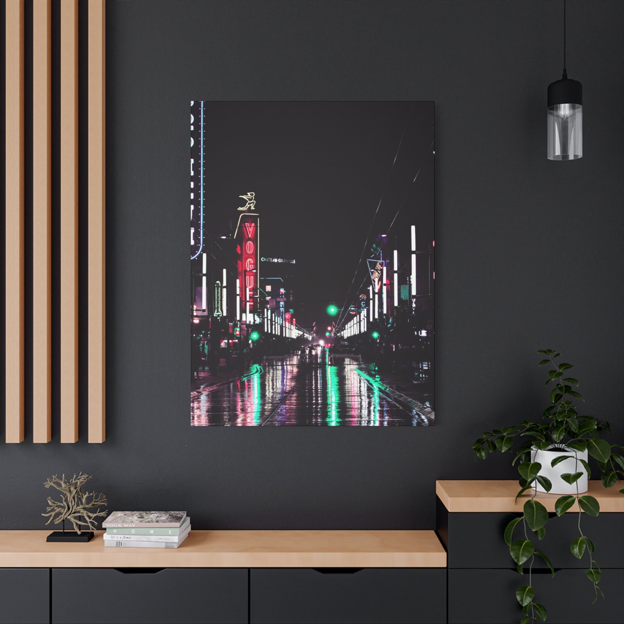 Cyberpunk Slick Street Canvas Wall Art - Neon Alley Decor