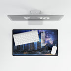 Space Cityscape on the Shore Desk Mat - Futuristic Neon Coast Mouse Pad