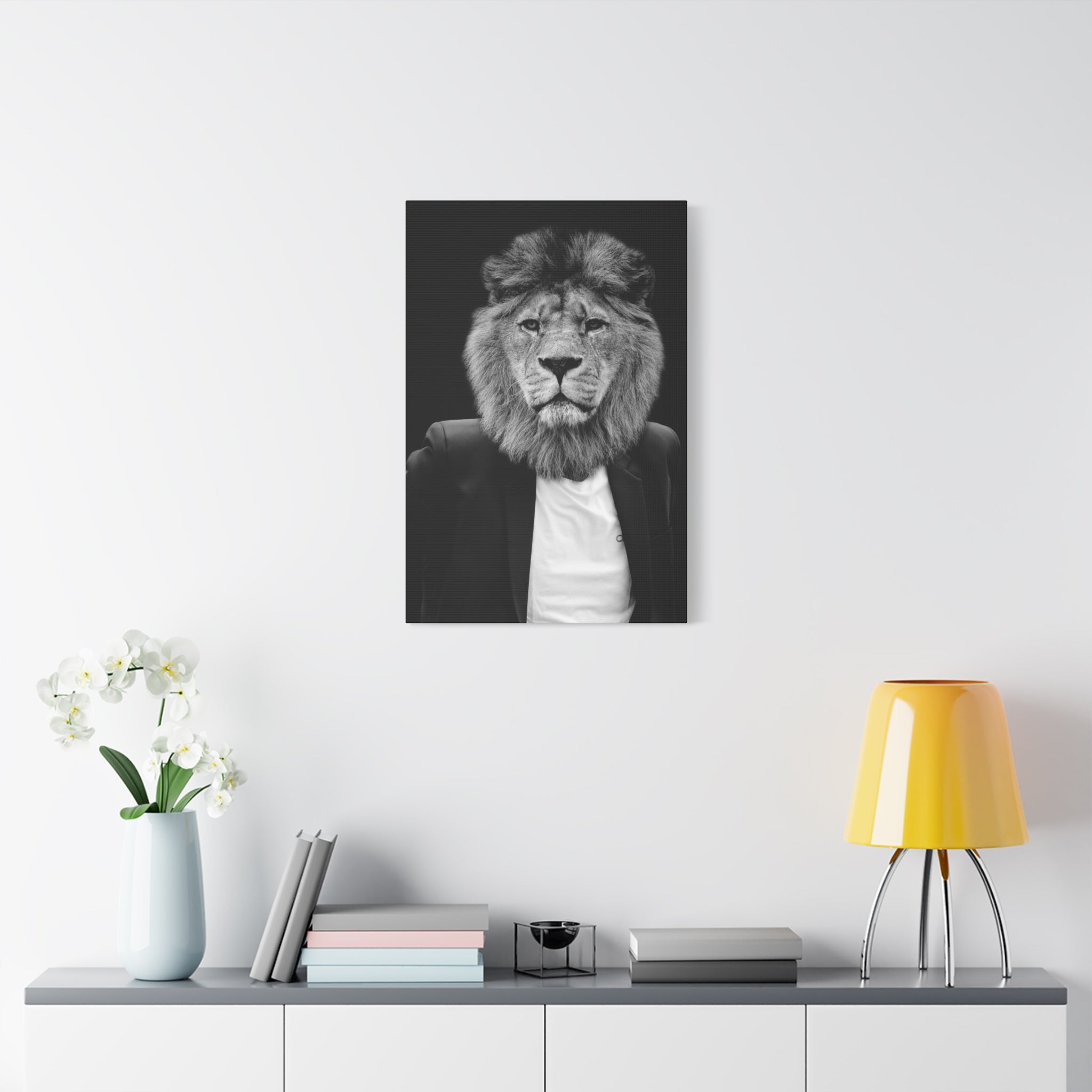 Lion in a Suit Canvas Wall Art - Modern Quirky Animal Portrait