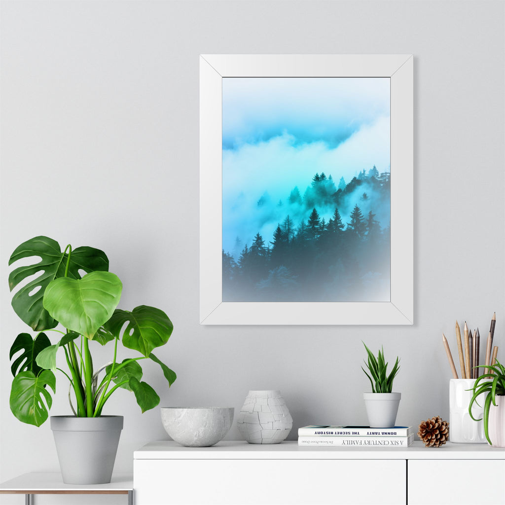 Blue Mountain Fog Framed Poster - Misty Landscape Wall Art